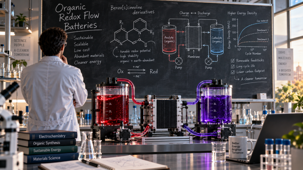 Naukowiec przy tablicy analizuje organiczną baterię przepływową redox w laboratorium.