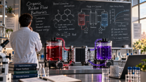 Naukowiec przy tablicy analizuje organiczną baterię przepływową redox w laboratorium.
